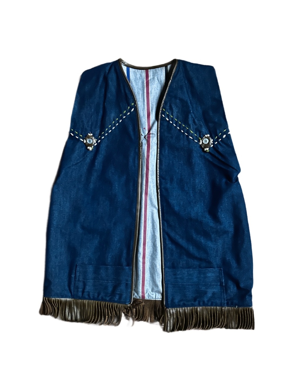 Handmade ~ Native American Style ~ Blue Denim W/ Brown Embroidery & Fringe Vest